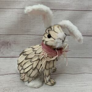 Shabby Chic Wood Piece Rabbit with Faux Fur Detail and Wire Moveable Ears Easter